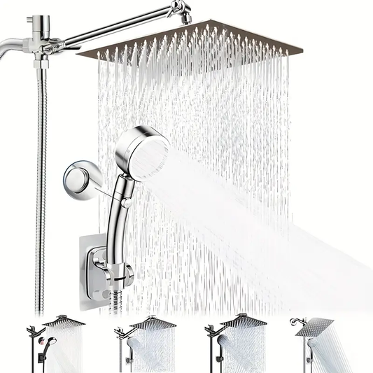 High Pressure 8Inch Rain Shower Head Combo | 11 Inch Adjustable Extension Arm, 5 Settings Handheld, Powerful Shower Spray Against Low Pressure Water with Long Hose