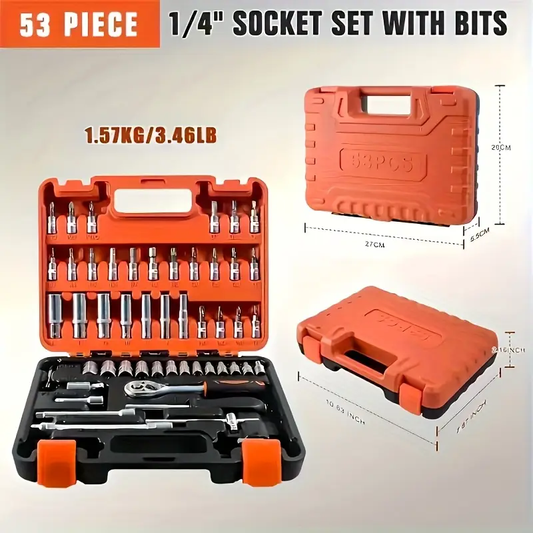 53pcs Advanced Car Repair Tool Set, Bicycle And Motorcycle Repair Tool Set, Compact And Portable, Multifunctional Solution, 1/4 Inch Drive with Ratchet Wrench And Various Sockets, Suitable for Industrial And Home Repairs, DIY Enthusiasts