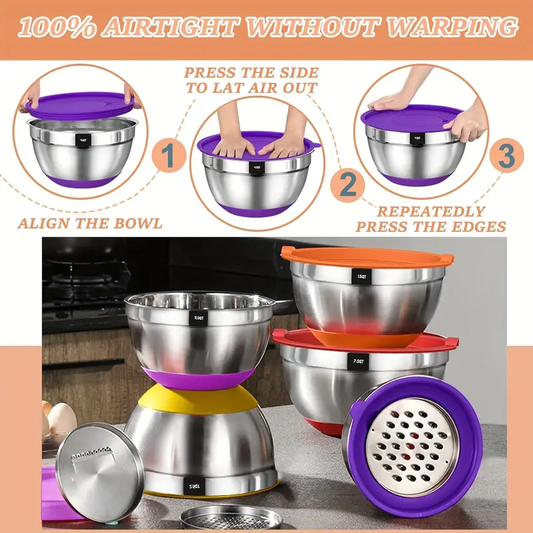 Mixing Bowls with Airtight Lids, 26pcs Stainless Steel Bowls Set 6 bowls & Lids + 20 kitchen tools, 3 Grater Attachments & Black Non-Slip Bottoms Size 7, 4, 2.5, 2.0, 1.5, 1QT, Great for Mixing & Serving,father gift