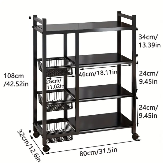 1pc Movable Storage Rack, Adjustable 4-storey Kitchen Shelf With 3 Wire Baskets, Kitchen Organizer And Storage, Metal Shelf Rack With Wheels, Suitable For Garage, Pantry, Bathroom, Closet, Warm House Gift, New Home