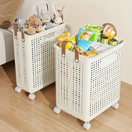 15.85gal/15.85Ga Large Foldable Wheeled Laundry Basket (Multiple Sizes Available) with No Lid - Faux Leather, Solid Color, Versatile Folding Portable Laundry Basket for Bathroom and Balcony Storage, Laundry Bag, Laundry Room Accessories