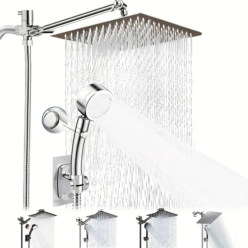 High Pressure 8Inch Rain Shower Head Combo | 11 Inch Adjustable Extension Arm, 5 Settings Handheld, Powerful Shower Spray Against Low Pressure Water with Long Hose