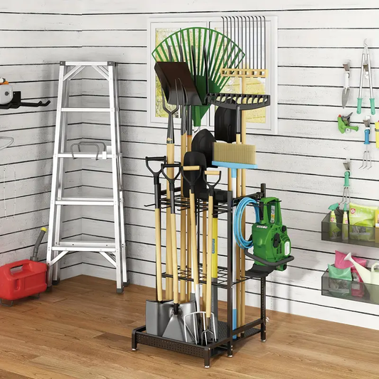 Garden Tool Organizer For Garage, Utility Storage Racks With Hooks, Metal Yard Tool Stand Holder Organizer For Long-Handled, Broom, Shovel, Rake, Sturdy Heavy Rack For Outdoor, Yard, Black