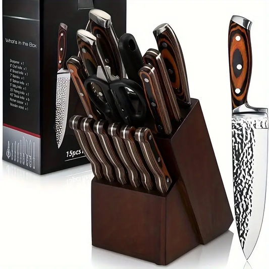 Kitchen Knife Set, 15pcs Knife Set With Block Wooden, Self Sharpening For Chef Knife Set, Medium Carbon Japan Stainless Steel Hammered Collection Knife Block Set With Steak Knives, Boxed Knife Set, Black/Wooden